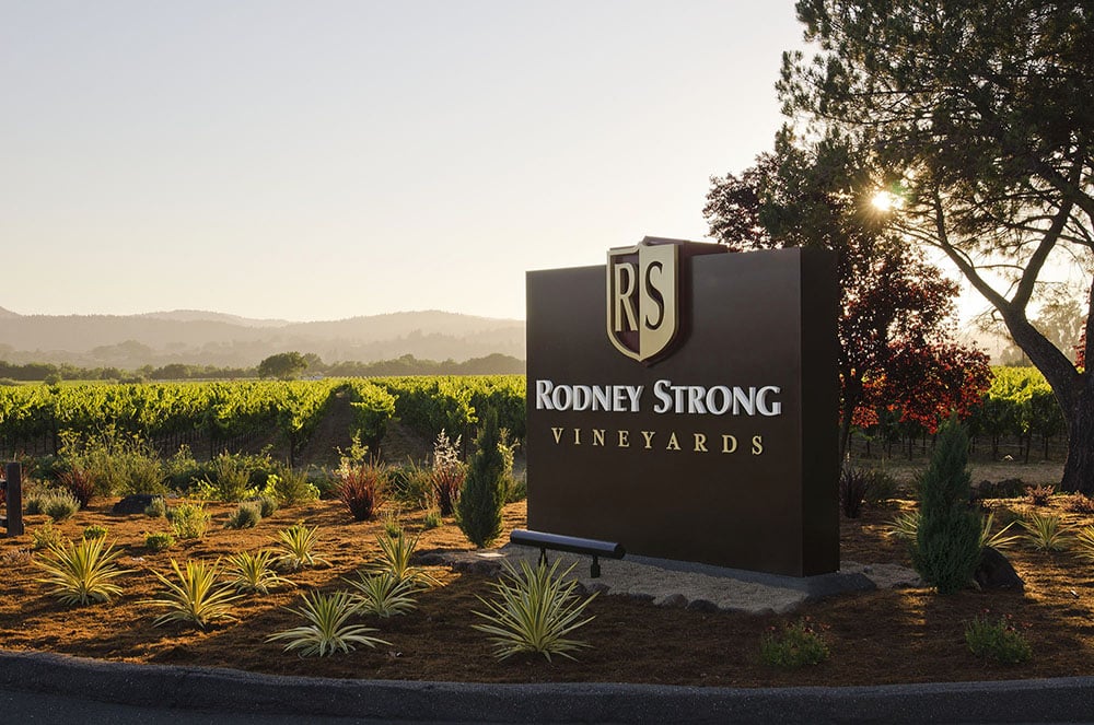 Rodney Strong Vineyards sign in front of a vineyard