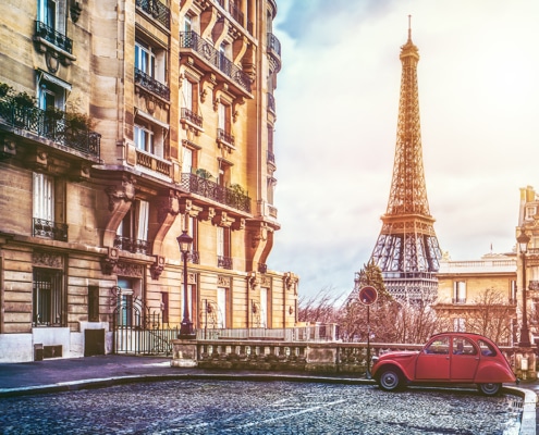 Paris street view with a red car and the Eiffel Tower - lot for SCWA